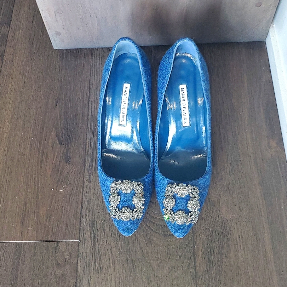 👑 9X HOST PICK 👑 Manolo Blahnik Hangisi 90 mm Pumps Blue Tweed - Picture 9 of 10